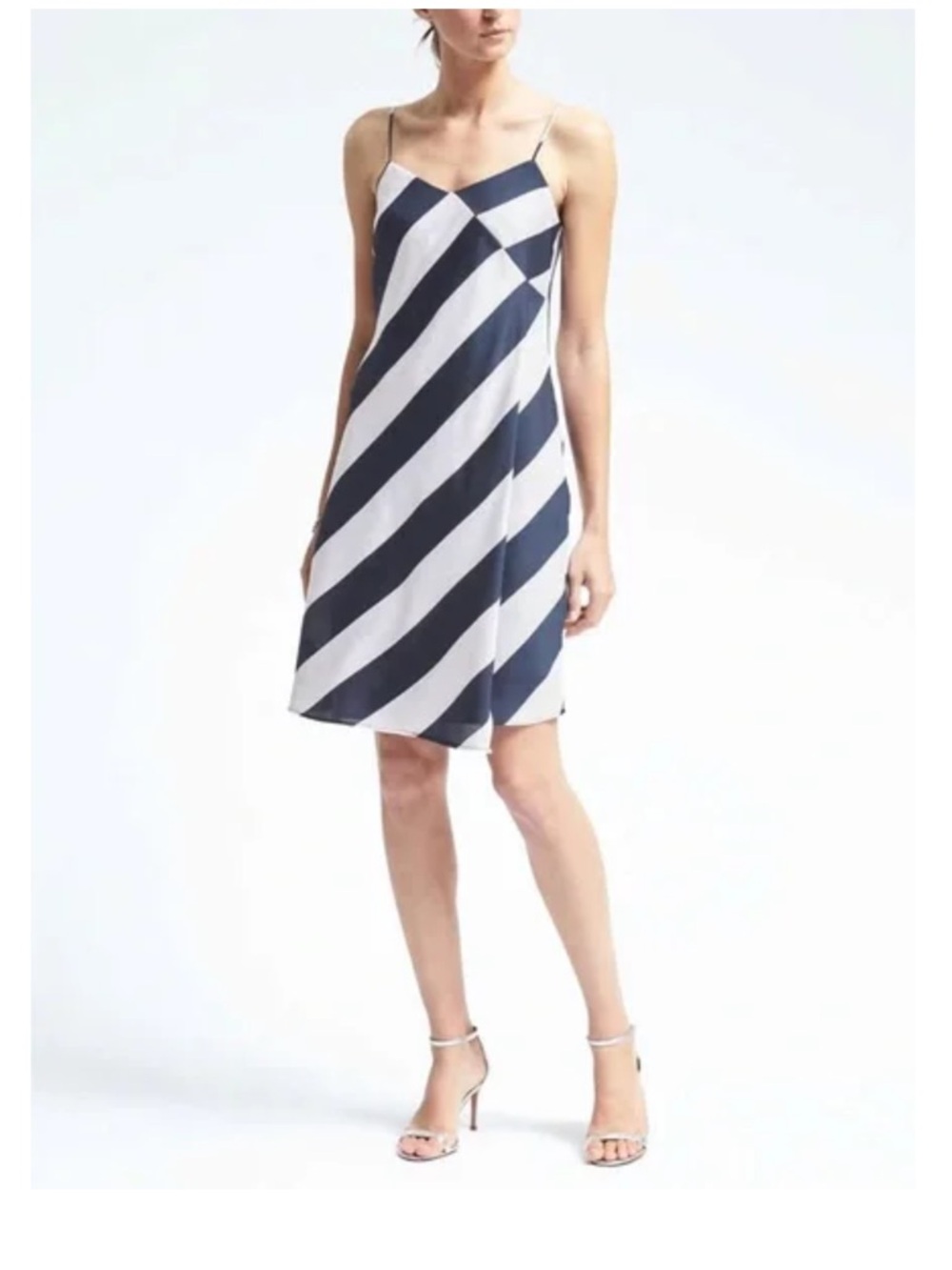 Banana Republic Navy and White Diagonal Stripe Slip Dress with Faux Wrap size 0 - Picture 2 of 11